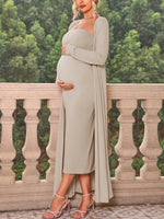 Load image into Gallery viewer, Ribbed Maternity 2 Pieces Sets with Long Sleeves Coat And Strapless Dress
