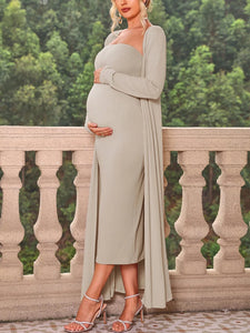 Ribbed Maternity 2 Pieces Sets with Long Sleeves Coat And Strapless Dress