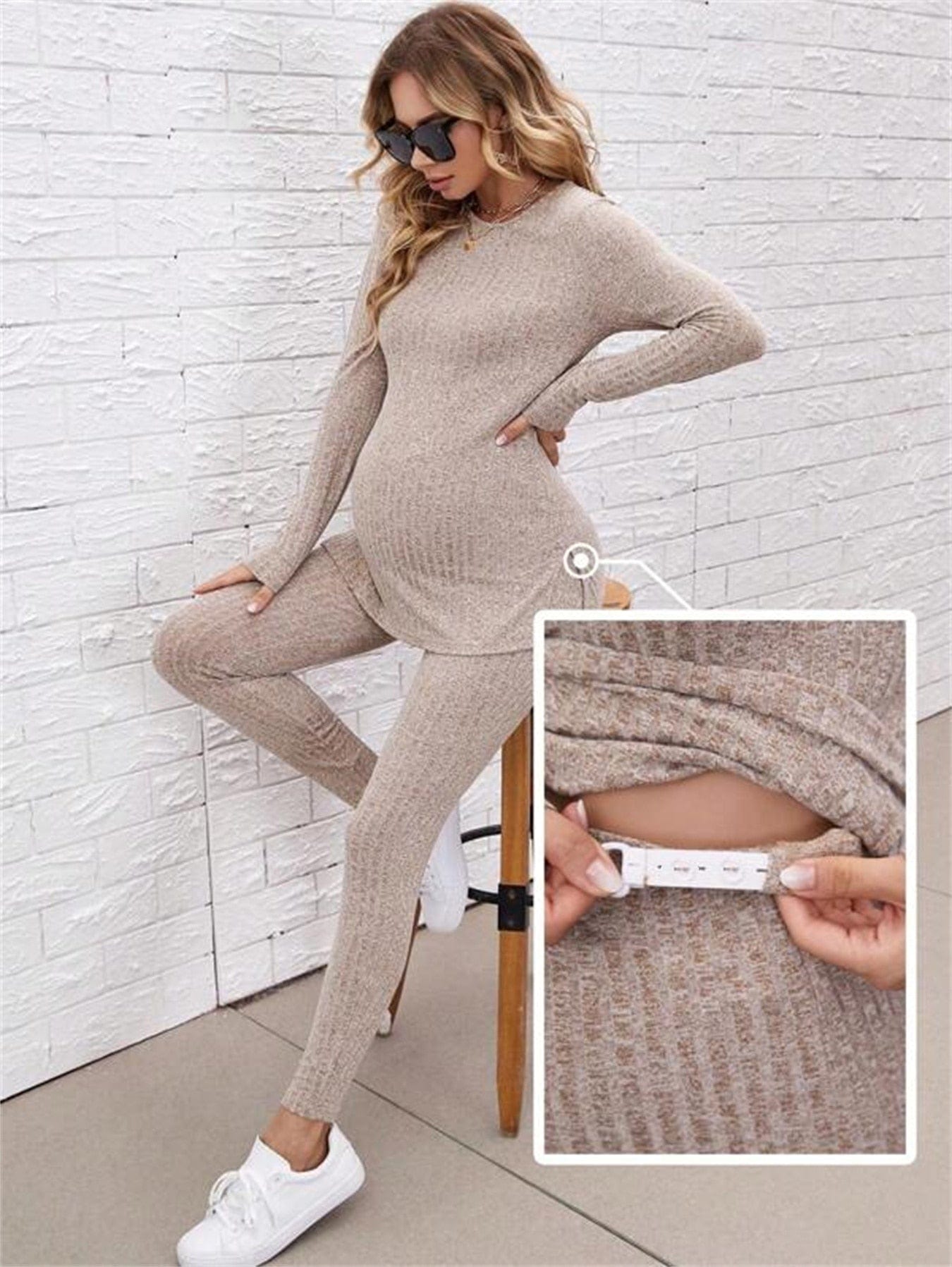 Maternity Split Hem Top & Adjustable Elastic Waist Pants  - Two piece set