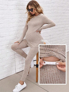 Maternity Split Hem Top & Adjustable Elastic Waist Pants  - Two piece set