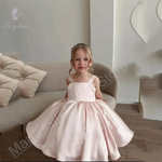 Load image into Gallery viewer, Pink Satin Flower Girl Dress with Square Neck for Wedding Party - Knee-Length
