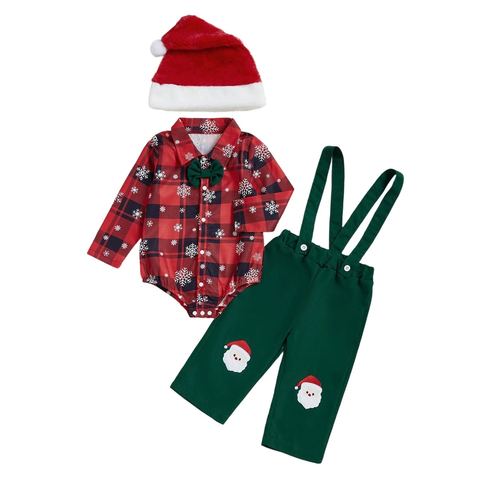 Baby Christmas Outfit with a Plaid Shirt and Bow Tie and Suspender Pants