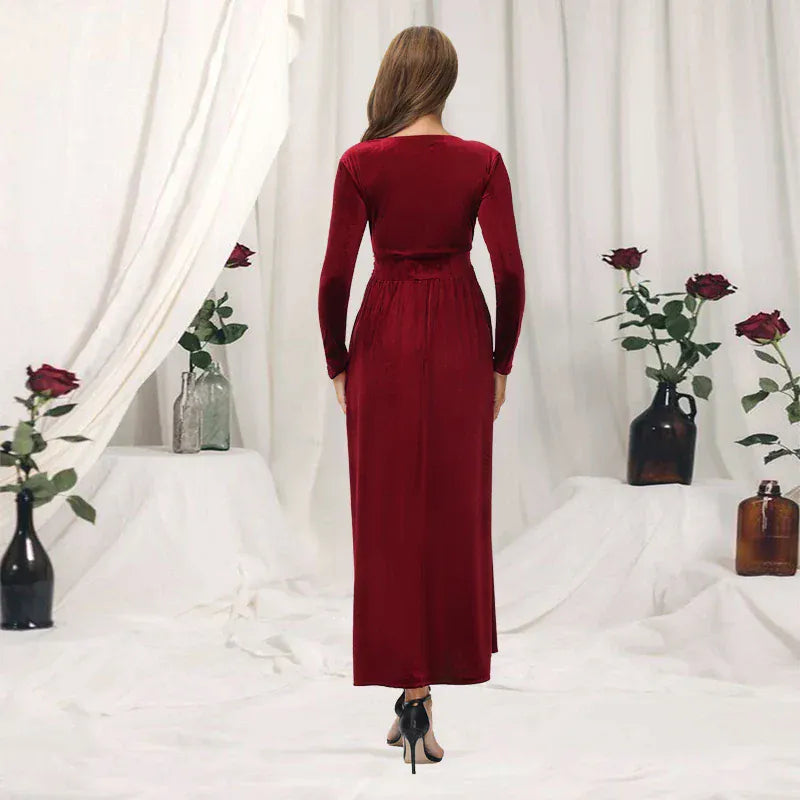 Maternity Velvet Christmas Dress with Long Sleeves and V-Neck
