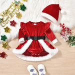 Load image into Gallery viewer, Christmas Infant Baby Girls Velvet Bodysuit Dress with Long Sleeve and Cap

