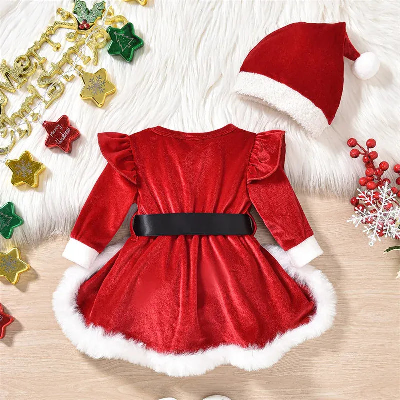 Christmas Infant Baby Girls Velvet Bodysuit Dress with Long Sleeve and Cap