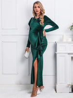 Load image into Gallery viewer, Maternity Elegant Velvet Ruffle Dress with Side High Slit and Long Sleeve Perfect for Your Christmas Party
