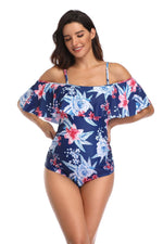 Load image into Gallery viewer, Expertly Designed Blue Maternity Bathing Suit: Stylish Ruffles and Floral Accent 
