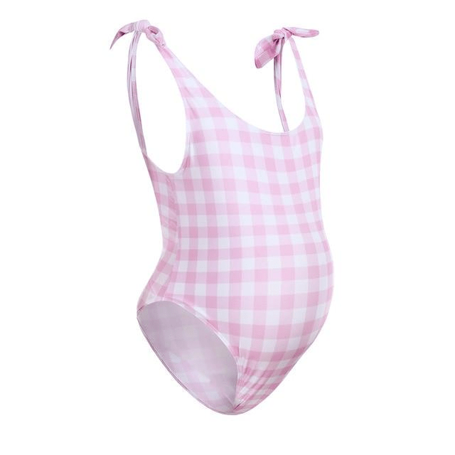 Expertly Designed Pink & White Checkered Maternity Bathing Suit: Elevate Your Pregnancy