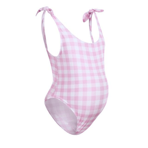 Expertly Designed Pink & White Checkered Maternity Bathing Suit: Elevate Your Pregnancy