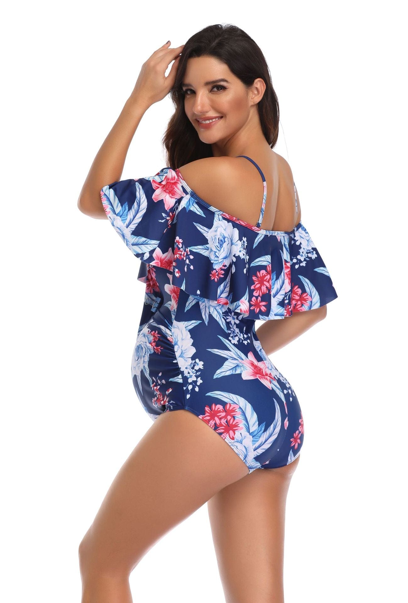 Expertly Designed Blue Maternity Bathing Suit: Stylish Ruffles and Floral Accent 