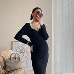 Load image into Gallery viewer, Beautifully Knitted Maternity Pencil Dress with Scalloped V-Neck -
