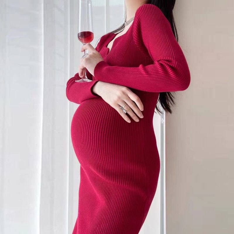 Beautifully Knitted Maternity Pencil Dress with Scalloped V-Neck -