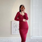 Load image into Gallery viewer, Beautifully Knitted Maternity Pencil Dress with Scalloped V-Neck -
