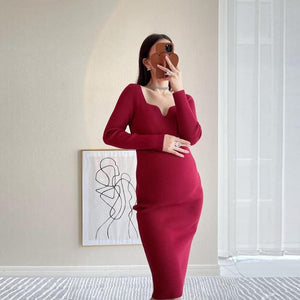 Beautifully Knitted Maternity Pencil Dress with Scalloped V-Neck -