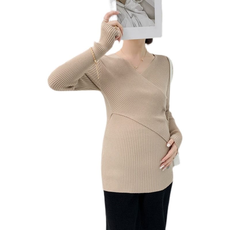 Maternity Knitted Sweater for Autumn and Winter: Cross Body V-Neck Design