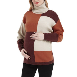 "Women's Maternity Turtleneck Sweater - Long Sleeved Color Block Kn
