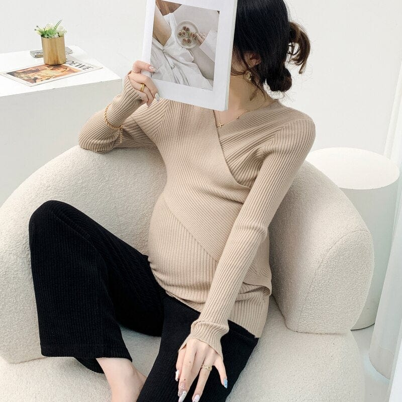 Maternity Knitted Sweater for Autumn and Winter: Cross Body V-Neck Design