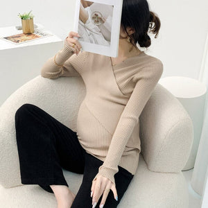 Maternity Knitted Sweater for Autumn and Winter: Cross Body V-Neck Design