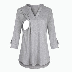 Ultimate Convenience: Expertly-Designed Nursing Shirt with Long Sleeves & Stripes for