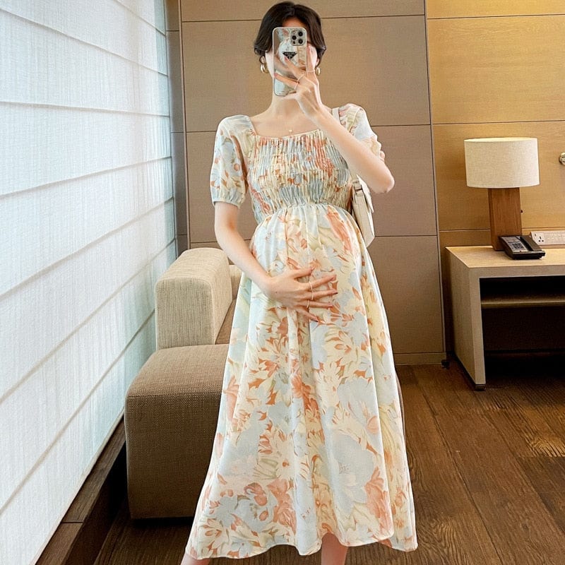 Maternity Floral Summer Dress - Square Collar Elastic - Short Sleeve