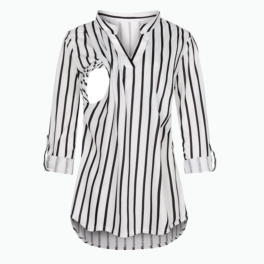 Ultimate Convenience: Expertly-Designed Nursing Shirt with Long Sleeves & Stripes for