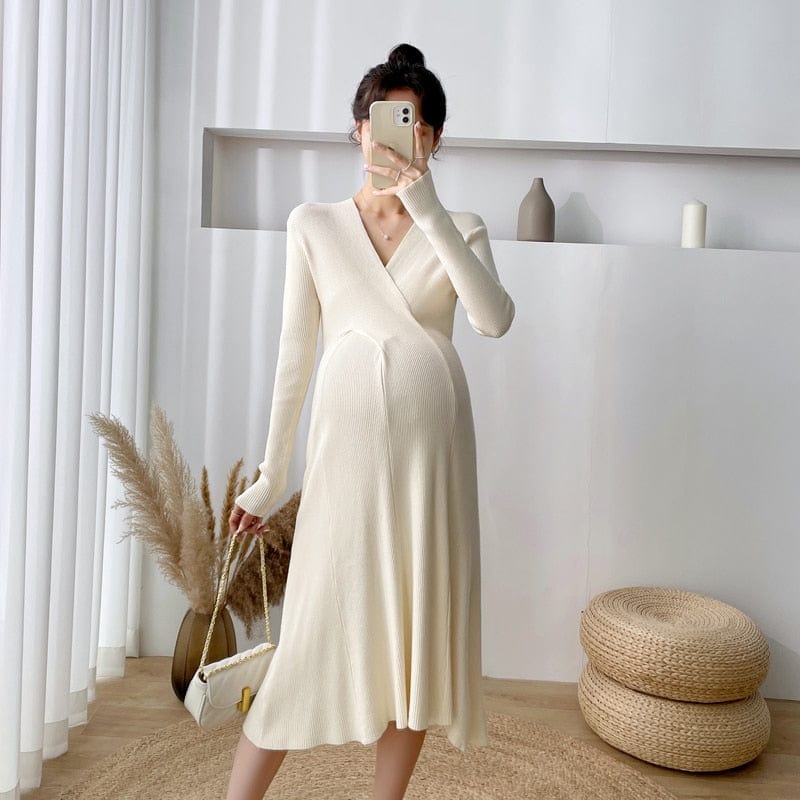 Dense Knit Maternity Sweater Dress - Effortlessly Elegant V Neck Design: Expert
