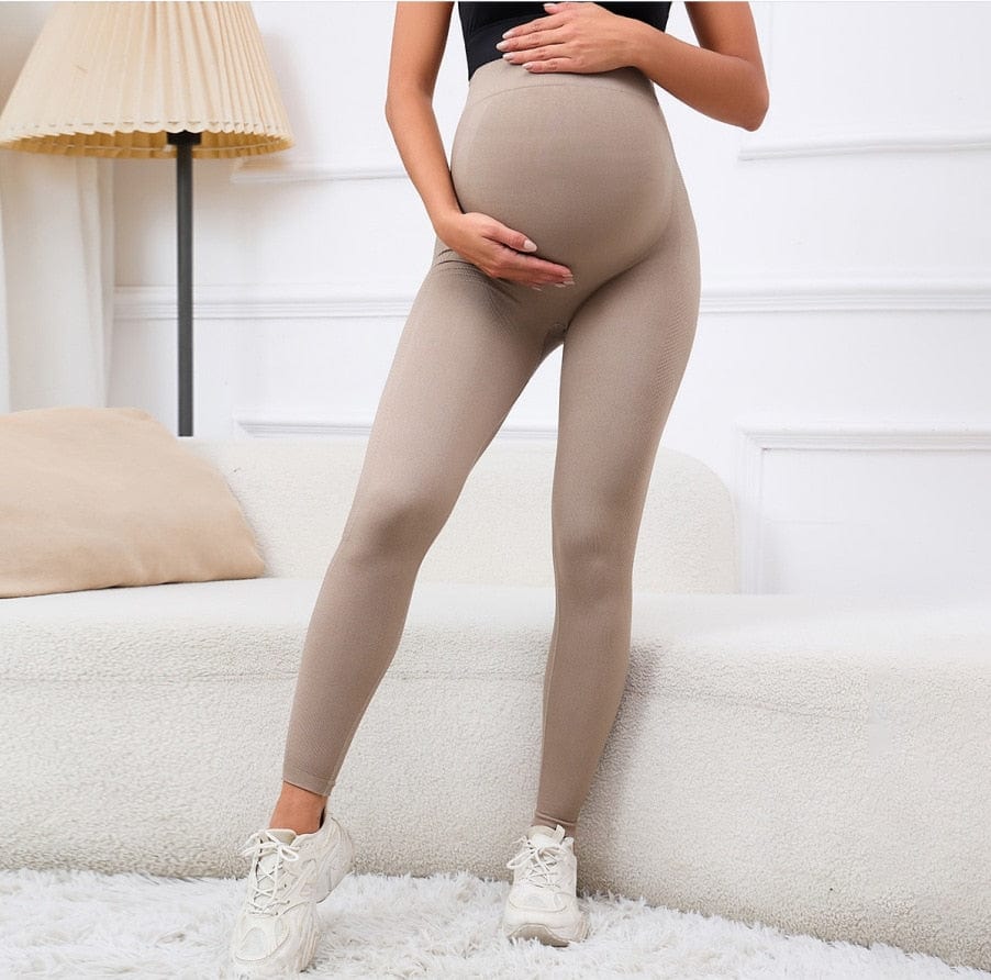 Elastic High Waist Maternity Leggings with Belly Support - Great as Postpartum Leggings