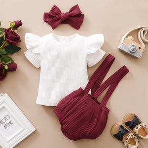 Get Your Little Princess Summer-Ready with Our Elegant 3-Piece Baby Girl Button Romper Outfit