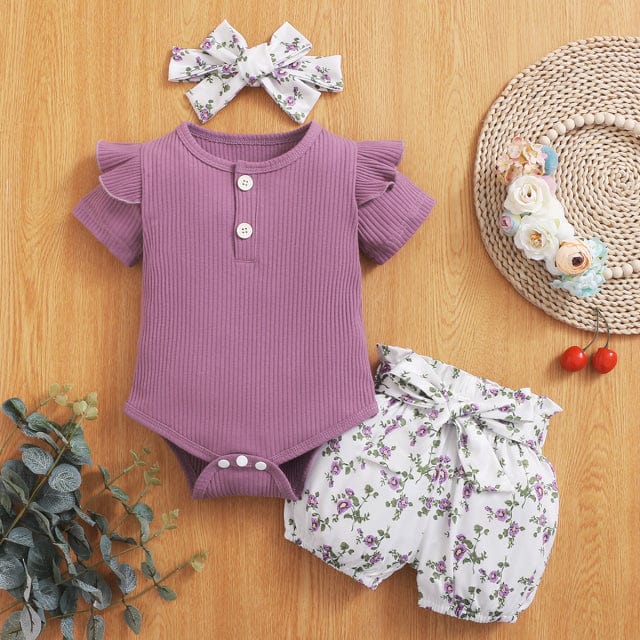 Get Your Little Princess Summer-Ready with Our Elegant 3-Piece Baby Girl Button Romper Outfit